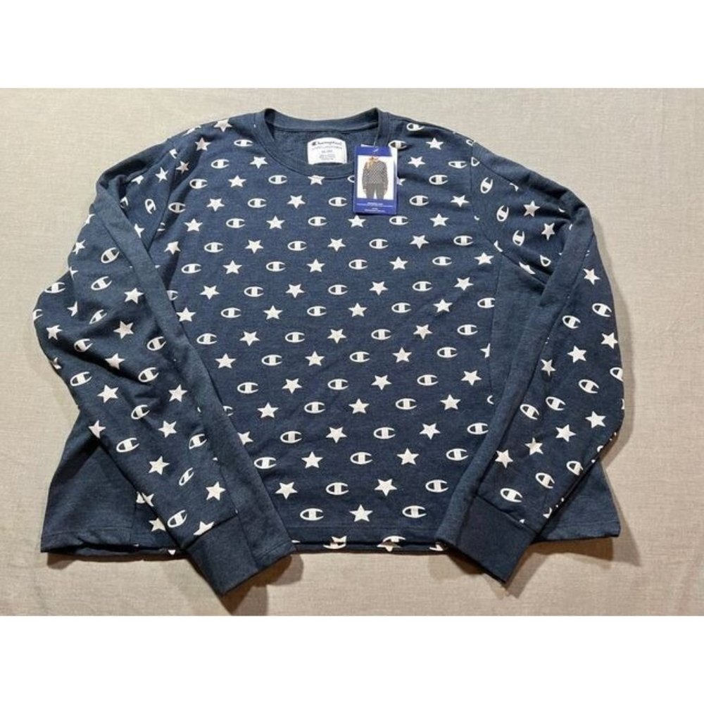 Champion Shirt Women 2XL Blue All Over Logo Long Sleeve Pullover Tee Ladies.